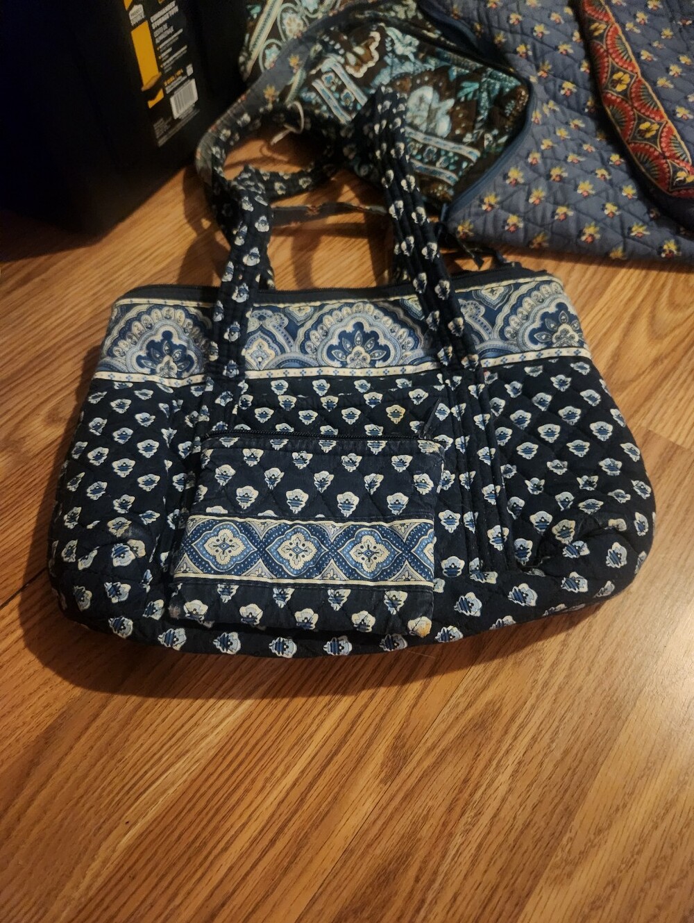 Quilted Navy Patterned Tote with Front Pocket